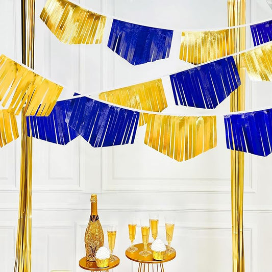 Royal Blue Gold Tassel Banner Metallic Fabric Pennant Bunting Flag for Graduation Retirement Bachelorette Birthday Engagement Wedding Bridal Shower Nautical Ahoy Achor Party Decorations Supplies-VerdiqueGarden