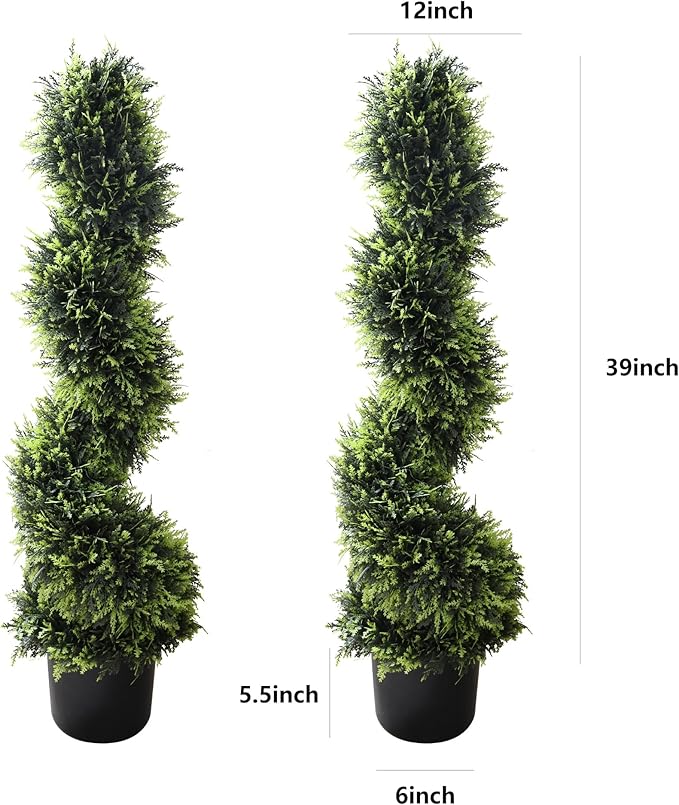 39 inchBoxwood Artificial Cedar Spiral Topiary Trees – Decorative Fake Greenery in Planter Pots for Front Porch, Outdoor Walkway, Entryway Decorating, Set of 2-VerdiqueGarden