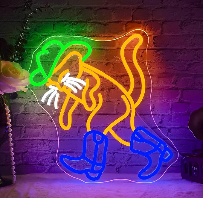 WLHOPE Cowboy Cat Neon Sign Neon Signs for Wall Decor Dimmable Cat Neon Lights Cowboy Hat Boot LED Sign for Bedroom Home Bar Club Party Western Decor-VerdiqueGarden