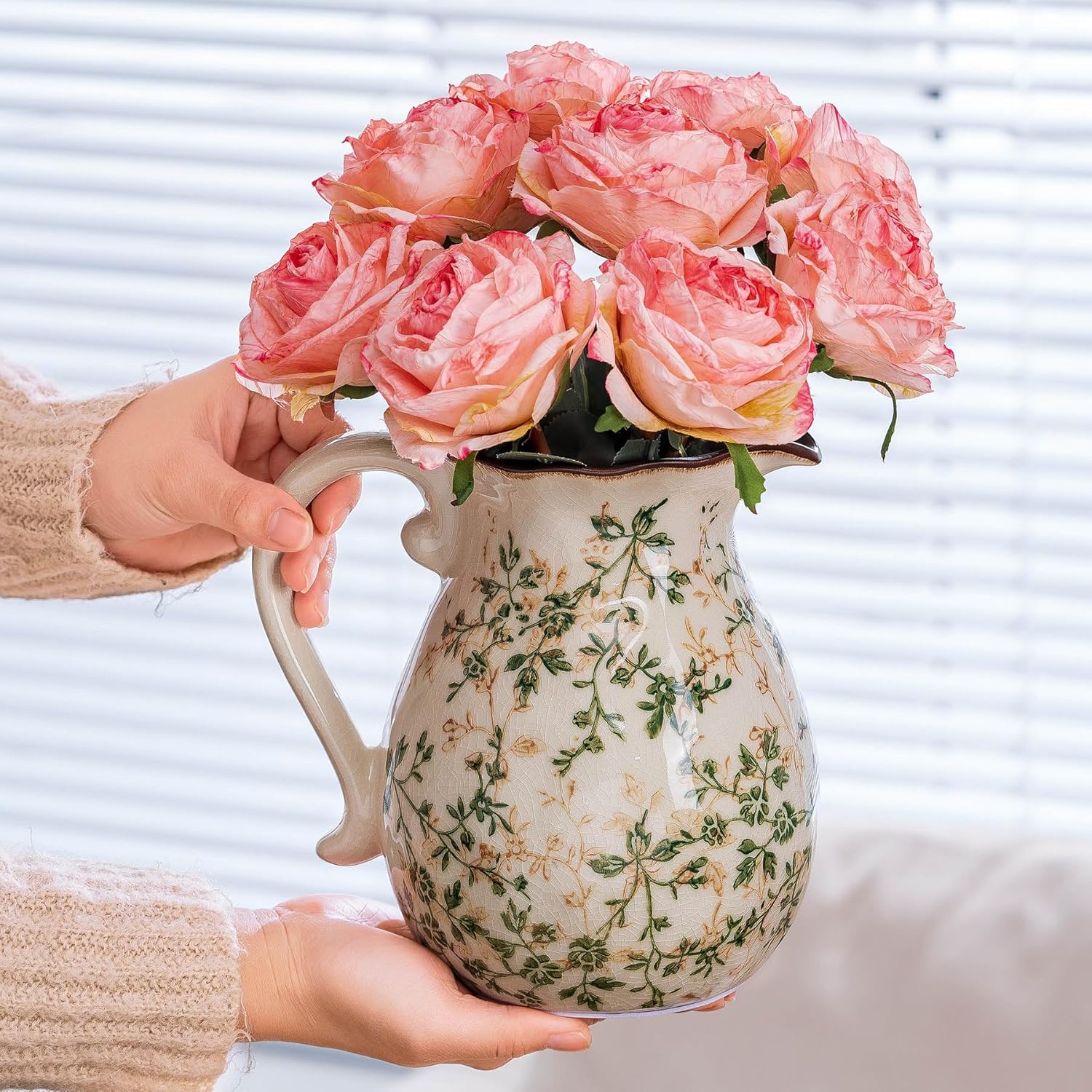 Green and White Vintage Vase with Handle, Chinoiserie Floral Pitcher Vase, Rustic Ceramic Farmhouse Vases for Home Decor, Living Room, Bookshelf, Office, Grand Millennial Decors, Tuscan Decor 7.9 Inch-VerdiqueGarden