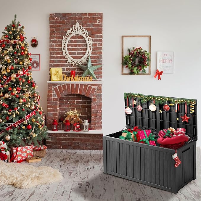 150 Gallon Outdoor Storage Box Patio Deck Box Waterproof, Resin Lockable Outside Large Storage Bin for Pool Cushion Furniture, Garden Tools UV-Resistant, Black-VerdiqueGarden