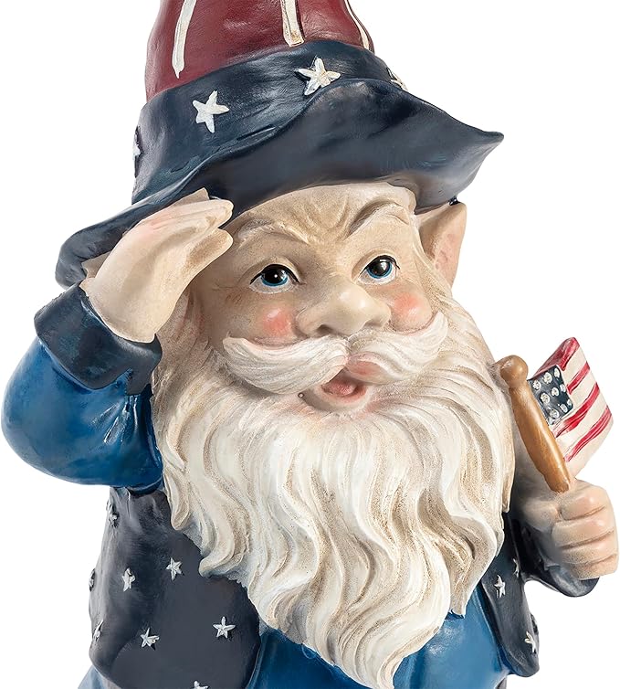 Alpine Corporation 12" Tall Outdoor Patriotic Garden Gnome Saluting Yard Statue Decoration-VerdiqueGarden