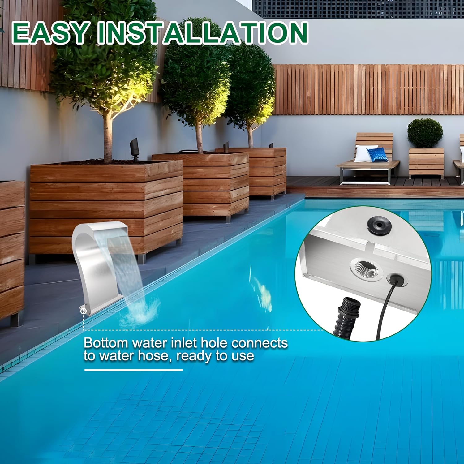 Pool Waterfall Fountain Stainless Steel Fountain 22.60'' x 10.55'' x 14.57'' Silver Pool Fountains for Ground Pools Garden Outdoor Waterfalls Sheer Descent Pond Water Feature-VerdiqueGarden