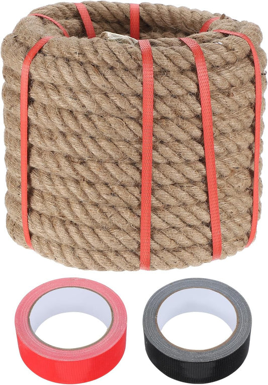 MECCANIXITY Jute Rope 0.9 Inch x 59ft, Thick Twine Rope Ropes Braided Jute Twine Natural Brown Burlap Cord String Heavy Twisted with Tapes for Decorative Crafts Railing Swing Tug of War-VerdiqueGarden