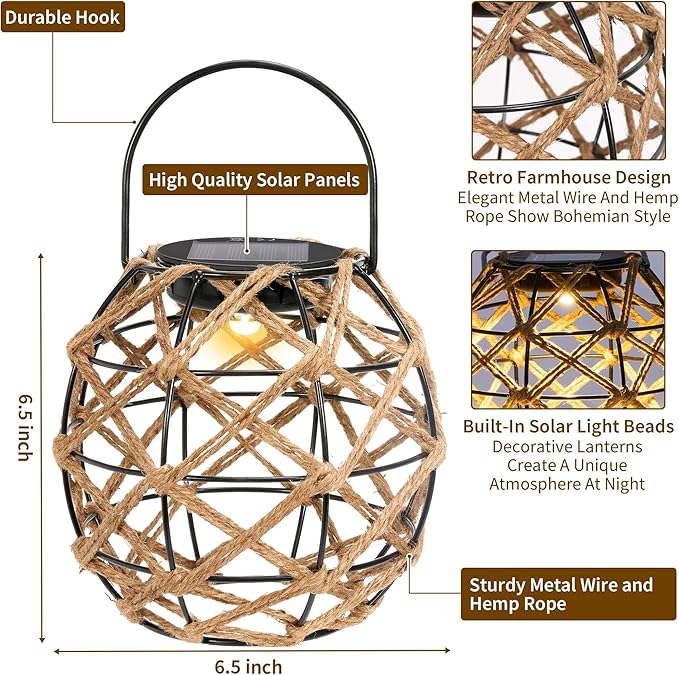 HPC Decor 2 PK Solar Lanterns-Outdoor Waterproof, Hemp Rope, Hanging Outdoor, Round Lamp Boho Decor for Garden, Yard, Patio, Porch, Pathway.-VerdiqueGarden