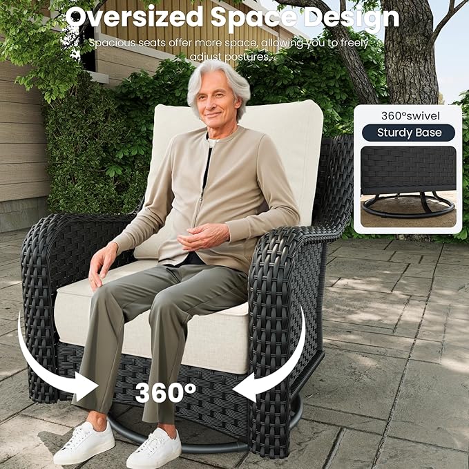 6 Pieces Outdoor Patio Furniture Sets with Rocking Swivel Chairs with 6-inch Thick Cushion and Side Table for Deck Lawn-VerdiqueGarden