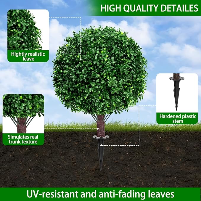 Artificial Boxwood Topiary Ball Tree Set of 2, UV Resistant Artificial Outdoor Shrubs with Spike, Decorative Evergreen Fake Topiary Bushes Plant for Front Porch Garden-VerdiqueGarden