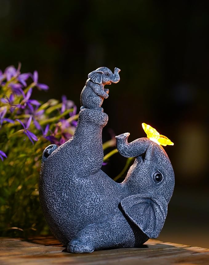 Mommy & Baby Elephant Garden Statue with Solar Butterfly Lights - Perfect Elephant Decor & Ornament for Women, Housewarming Gifts and as Garden Decorations-VerdiqueGarden