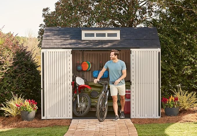 Rubbermaid Extra Large Resin Outdoor Storage Shed With Floor (7 x 10.5 Ft.) Weather Resistant Brown Organization for Home/Lawn Mower/Backyard Equipment/Bike Storage/Pool Supplies-VerdiqueGarden