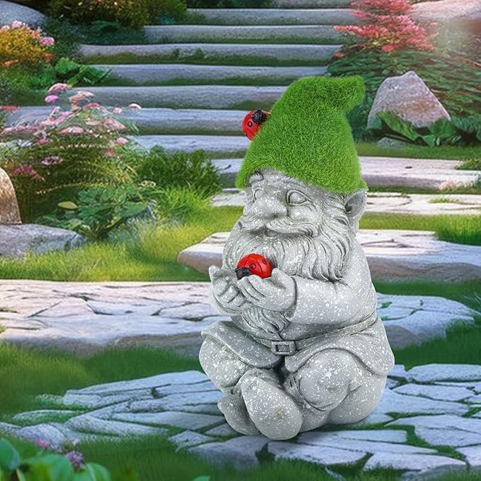 Solar Gnomes Garden Statues, Outdoor Lighted Gnome with Ladybugs Garden Decor Waterproof Figurines for Patio Porch Balcony Yard Lawn Lantern, Yard Art Decorations Gifts for Garden Patio Lawn-VerdiqueGarden