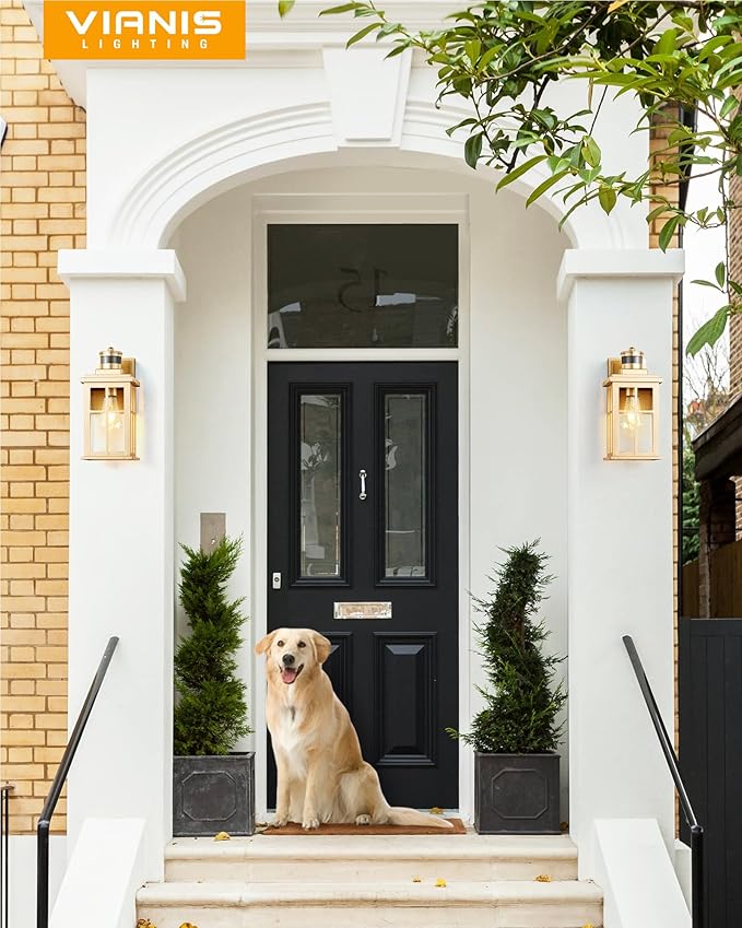 Motion Sensor Outside Lights for House, Modern Dusk to Dawn Outdoor Lighting, 2 Pack Gold Anti-Rust Outdoor Wall Lights with Transparent Glass, Waterproof Outdoor Porch Lights for House, Patio-VerdiqueGarden