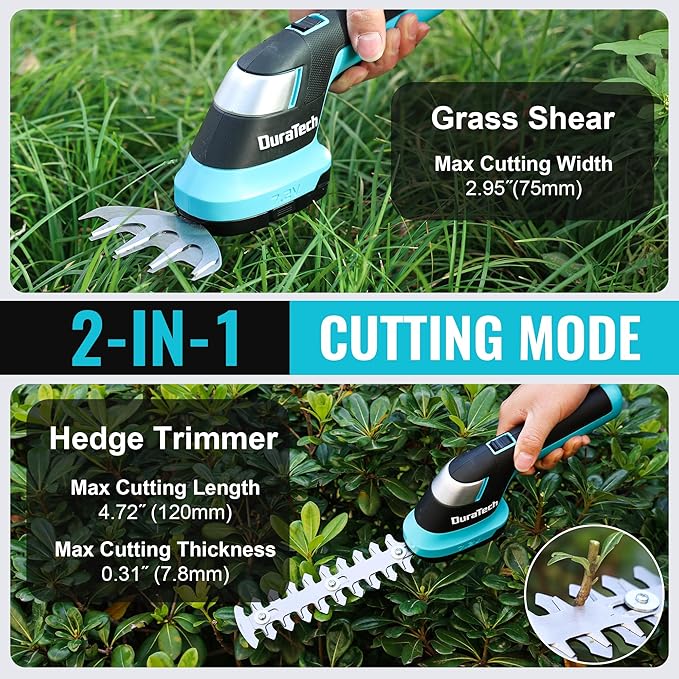 DURATECH Cordless Hedge Trimmer, 7.2V 2-in-1 Handheld Rechargeable Grass Trimmer & Hedge Shears with USB Type-C Cable, Built-in Li-ion Battery, Electric Shrub & Grass Shears for Garden, Yard and Lawn-VerdiqueGarden