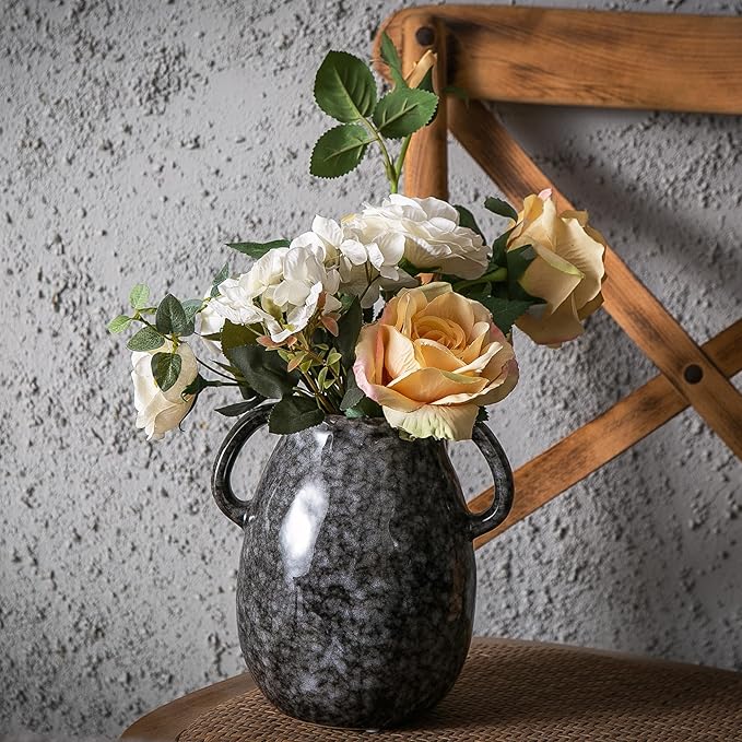 Ceramic Modern Farmhouse Vase with 2 Handles, Black Ceramic Vases for Home Decor, Rustic Pottery Vase, Decorative Terracotta Flower Vase, Boho Clay Vase for Table Living Room Shelf Mantel Decor-VerdiqueGarden