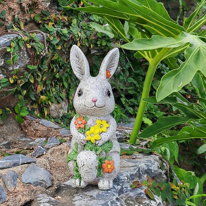 Solar Easter Rabbit Statue - Rock-Like Design with Flower Lamp Beads Woman Gifts Resin Easter Bunny Sculpture for Indoor and Outdoor Statue Decor, Garden Decoration-VerdiqueGarden