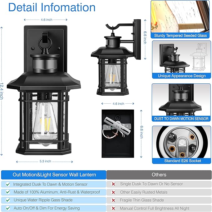 VIANIS 2 Packs Motion Sensor Outdoor Lights, Dusk to Dawn Outside Lights for House, Black Outdoor Light Fixture Sconce for House, Doorway, Entryway, Waterproof, Anti-Rust-VerdiqueGarden