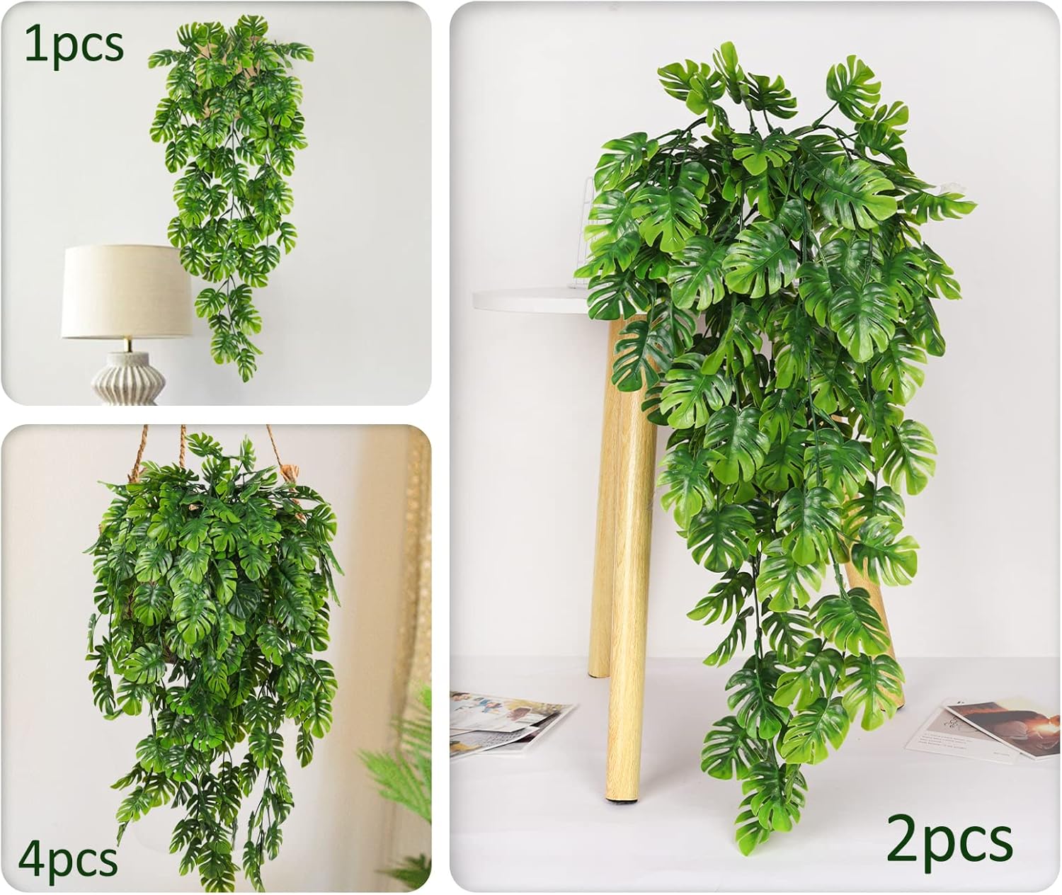 RECUTMS Artificial Hanging Plants 4Pcs, Fake Monstera Leaves Ivy Vine Faux Greenery UV Resistant Tropical Palm Leaf Swag Plant for Garden Home Jungle Hawaiian Luau Party Outdoor Indoor Spring Décor-VerdiqueGarden