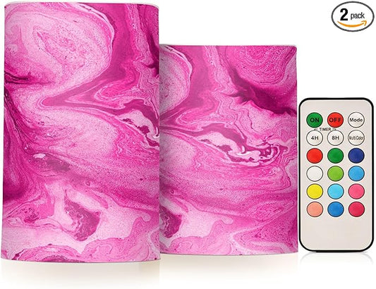 Flickering Flameless Candles, Pink Fuchsia Marble LED Candles with Remote Timer, Set of 2 Battery Operated Candle for Valentine Wedding Birthday-VerdiqueGarden