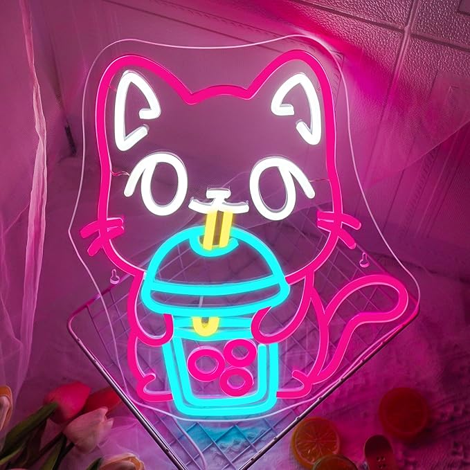 Cat Boba Tea Neon Sign,Cute Pink Kitty Bubble Tea Neon Signs for Wall Decor,Dimmable LED Neon Light Bar Sign,USB Light Up Signs for Kids Bedroom Dimsum Store Cofes Bar Milk Tea Shop-VerdiqueGarden