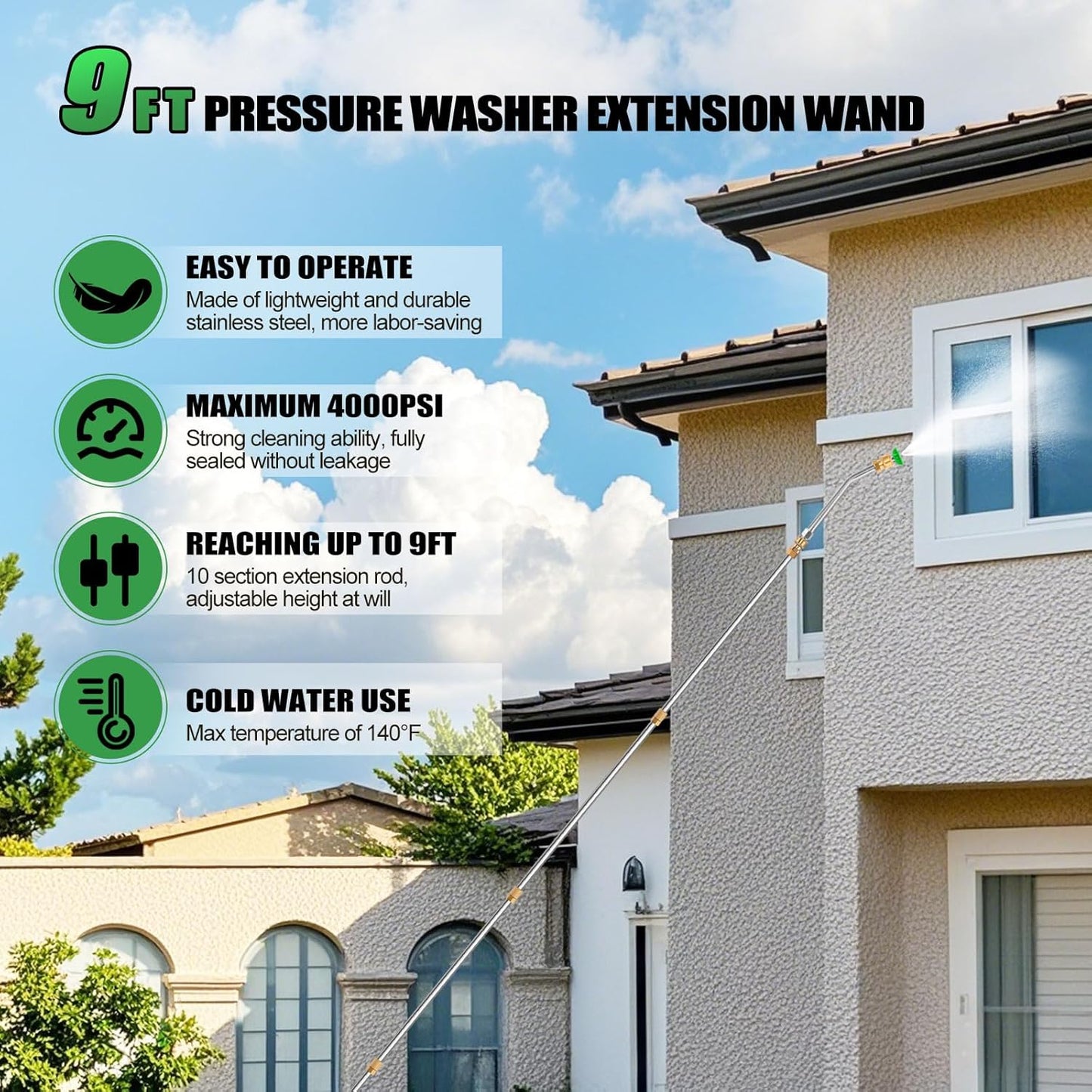 Gutter Cleaning Tools From the Ground, 10 Pack 9 FT Pressure Washer Extension Wand, Power Washer Lance With 6 Pressure Washer Spray Nozzle Tips, 30°, 90°, 120° Gutter Cleaner Curved Rod, 4000 PSI-VerdiqueGarden