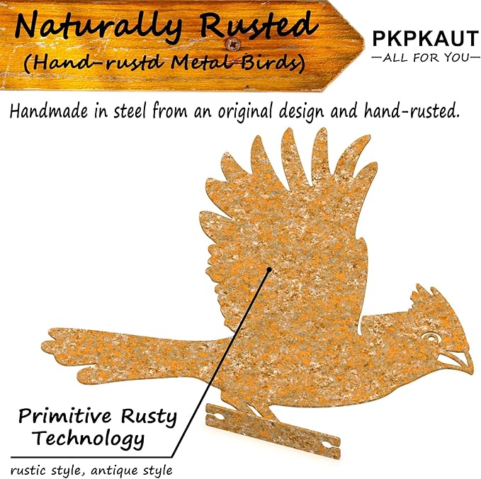 5Pcs Metal Birds Cardinal Craft Statue Ornaments Fence Topper Decor, Rusty Birds Metal Art for Fence Decorations Outdoor, Metal Bird Silhouette with Rusty Yard Art-VerdiqueGarden