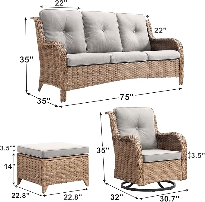 Outdoor Wicker Patio Furniture Set - 5 Piece Rattan Patio Conversation Set with 2 Rocking Swivel Chairs,2 Ottomans and 1 Sofa for Porch Deck Backyard Garden(Yellow/Beige)-VerdiqueGarden