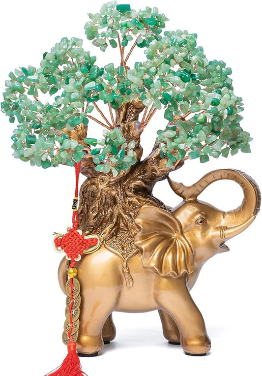 Green Aventurine Crystal Money Tree on Gold Elephant Statue, 17”Large Gemstone Bonsai Tree of Life Home Décor Gifts for Wealth Positive Energy, Feng Shui Décor-VerdiqueGarden