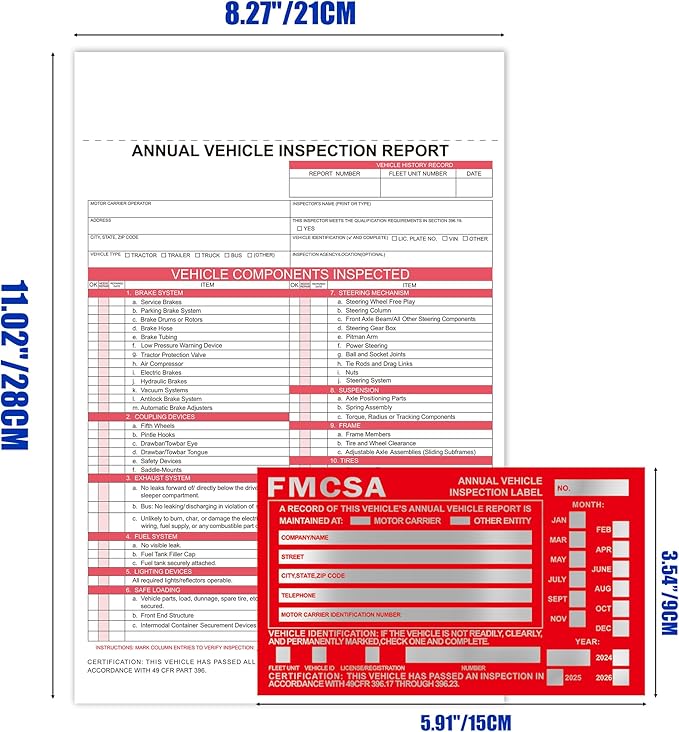 Annual Vehicle Inspection Report Form 5-pk 3-Ply Carbonless,8.5" x 11.75" + Label Aluminum,Permanent Adhesive 6" x 3.5"-VerdiqueGarden