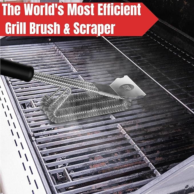 KITCHEN PERFECTION Safe Wire Grill Brush for Outdoor Grill w/Grill Scraper & Grill Mat Grill Cleaning Kit -Extended Handle BBQ Brush for Effortless Grill Cleaning Grill Cleaner Brush Barbecue Tools-VerdiqueGarden