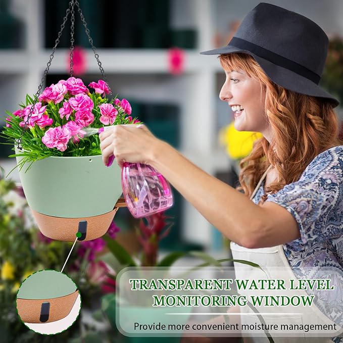 10 Inch Hanging Planters for Indoor Plants, 2 Pack Self Watering Hanging Baskets Flower Pots with Drainage Hole, Visual Reservoir & 2 Kinds of Plant Hanger for Outdoor Garden Home Decor-VerdiqueGarden