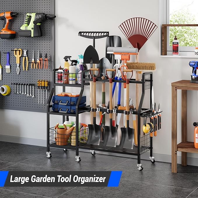 keomaisyto Garden Tool Organizer with 6 Wheels(3 lockable), Heavy Duty Yard Tool organizer with 2 Basket, Large Metal Garage Tool Organization and Storage for Garage/Shed/Yard/Broom Closet/Lawn-VerdiqueGarden