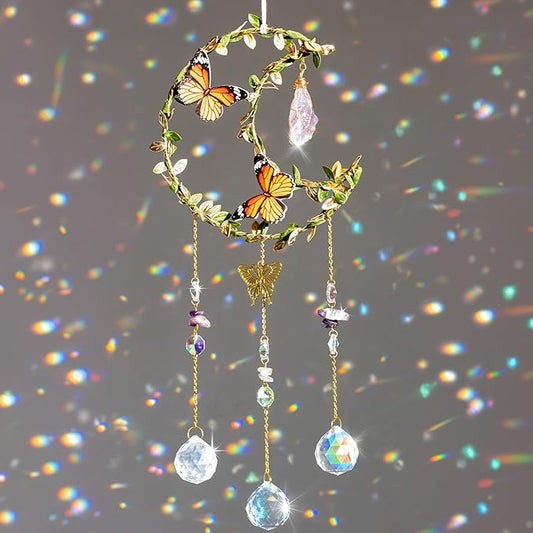 Crystal Suncatcher for Windows - Moon Shaped with Enchanting Butterfly Design - Sun Catchers Indoor Window - Hanging Crystal Wind Chimes, Rainbow Maker Gifts, Prism Suncatcher, Window Decor-VerdiqueGarden