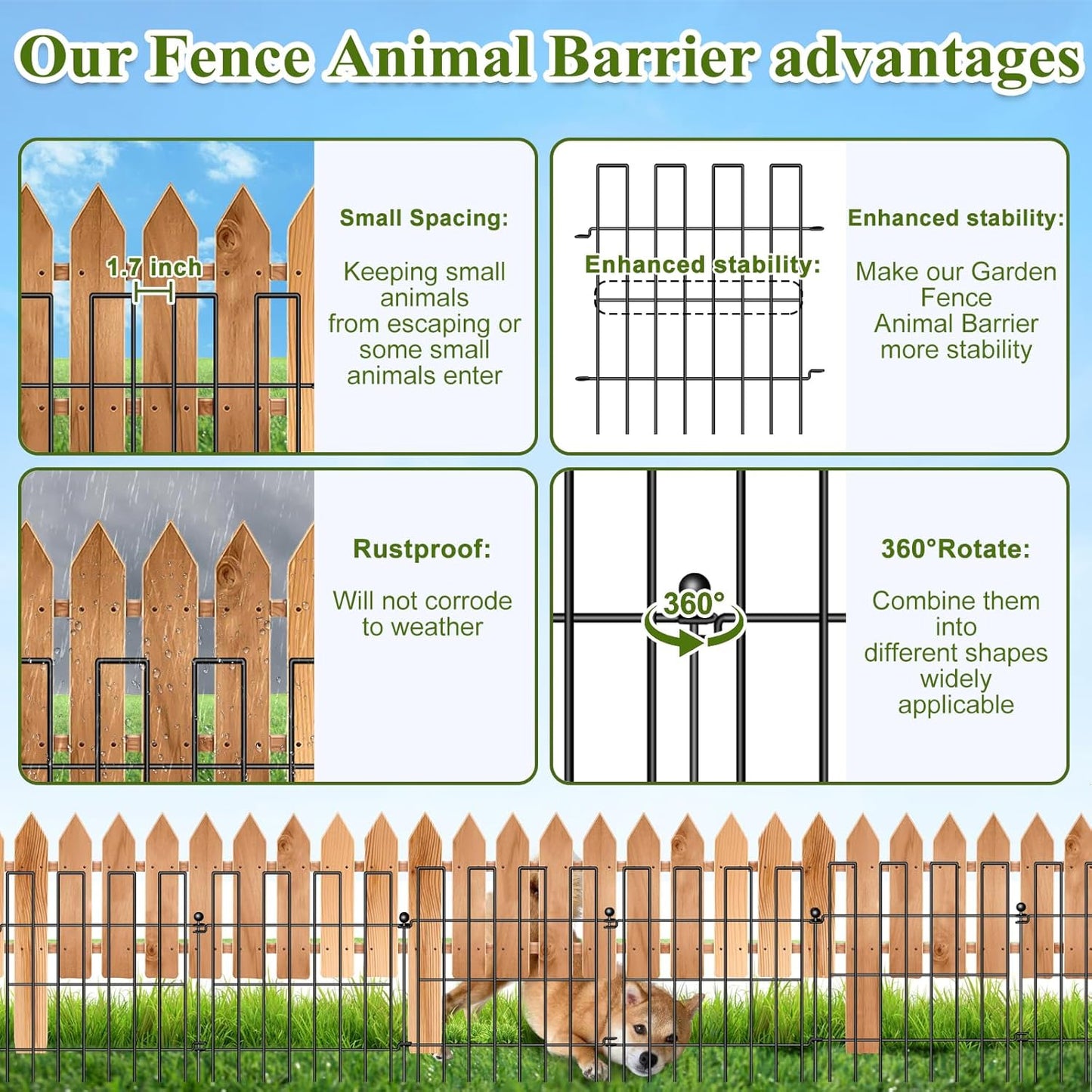 Animal Barrier Fence, 25 Panels Garden Fence Animal Barrier, 27 ft(L)×17 in(H), No Dig Fences for Dogs and Rabbits, Rustproof Metal Garden Fencing, Under Fences Border Barrier for Outdoor, Yard, Patio-VerdiqueGarden