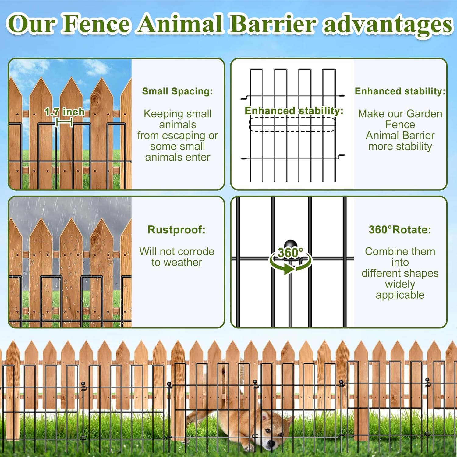 Animal Barrier Fence, 25 Panels Garden Fence Animal Barrier, 27 ft(L)×17 in(H), No Dig Fences for Dogs and Rabbits, Rustproof Metal Garden Fencing, Under Fences Border Barrier for Outdoor, Yard, Patio-VerdiqueGarden