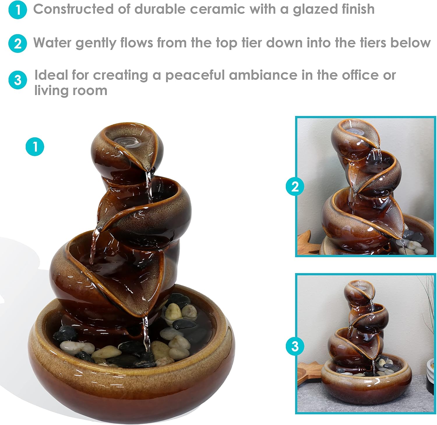 Sunnydaze Tiered Vessels Ceramic Tabletop Water Fountain - Relaxing Indoor Fountain for Office, Bedroom, or Living Room - Brown-VerdiqueGarden