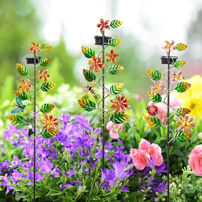 3 Pack Solar Garden Lights, Flower & Insect Metal Solar Stake Light, 23" H Outdoor Statues Figurine Lights for Garden Lawn Patio Yard Decoration-VerdiqueGarden