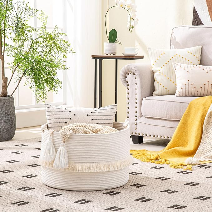 KAKAMAY Large Blanket Basket (20"x13"),Woven Baskets for storage Baby Laundry Hamper, Cotton Rope Blanket Basket for Living Room, Laundry, Nursery, Pillows, Baby Toy chest (White)-VerdiqueGarden