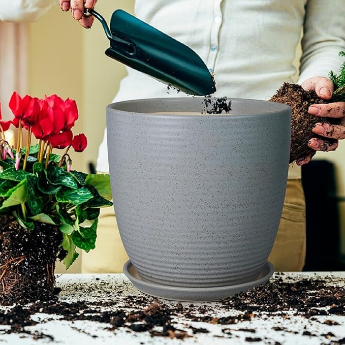 12 Inch Plant Pot, Ceramic Planter Pot with Drainage Hole and Saucer Round Large Flower Pot for Indoor Plants, Light Gray-VerdiqueGarden