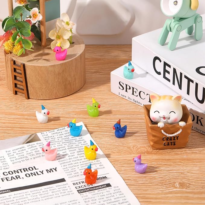 100 Pack Mini Resin Ducks, Multicolor Mini Ducks Wearing Party Hat, Tiny Duck Miniature Duck Figures Tiny Home Ornament for Micro Landscape Dollhouse Garden Aquarium Potted School Office-VerdiqueGarden