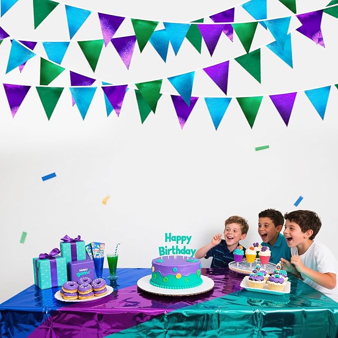 Blue Green Purple Party Decorations Metallic Fabric Triangle Pennant Banner Flag Bunting for Men Boys Video Game Theme Birthday Graduations Retirement Wedding Bachelor Baby Shower Party Supplies-VerdiqueGarden