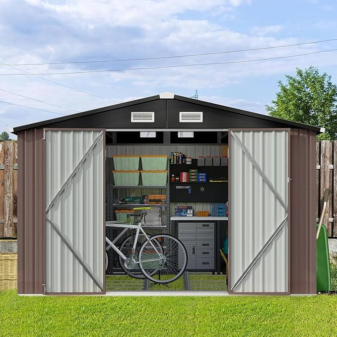 Aoxun 9.4x7.3x6.5 FT Outdoor Storage Shed, Garbage Can, Outdoor Metal Shed for Tool, Garden, Bike, Placed in Patio, Garden Brown Base Included-VerdiqueGarden