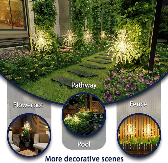Honche Solar Garden Lights, 2 Pack Decorative Solar Outdoor Lights Weatherproof IP65 8 Lighting Modes Firework Lights for Garden Patio Counrtyards Pathway Parties (WarmWhite-8LightingMode-Oval)-VerdiqueGarden