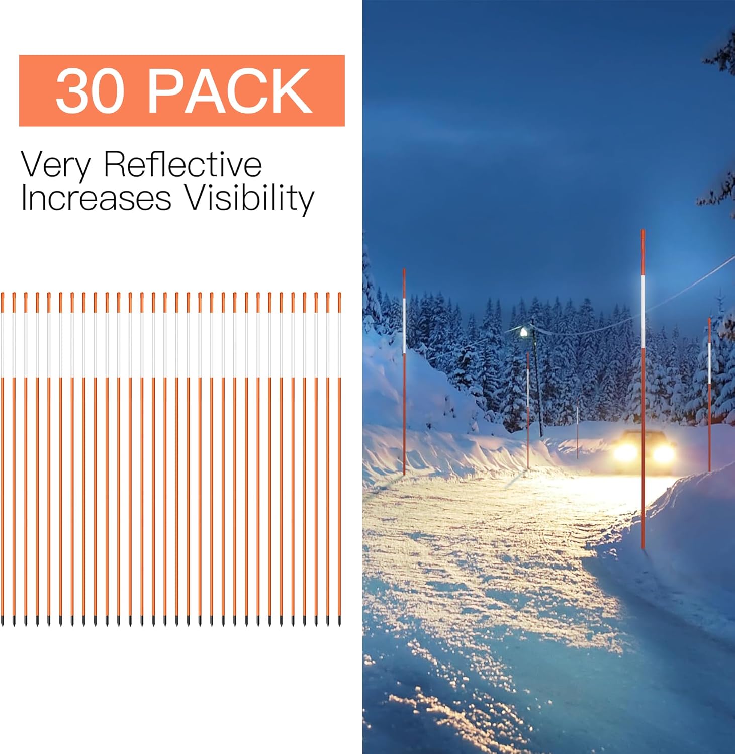 Driveway Markers 4 Feet 30pcs, 5/16 in Dia Snow Stakes with Reflective Tape, Highly Visible for Parking, Walkways, Snow Markers, 48 inch Dia Orange Fiberglass Driveway Reflectors with Steel Drill Bit-VerdiqueGarden