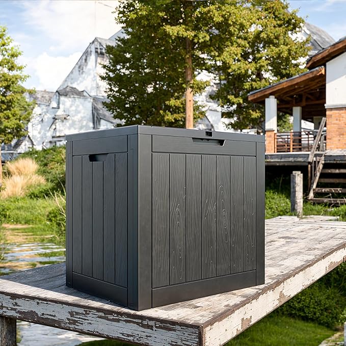 30 Gallon Outdoor Deck Box,Storage Lockable Waterproof Patio Furniture,Garden Tools,Cushions,Pool Accessories Outside Storage Resin Box(Black)-VerdiqueGarden