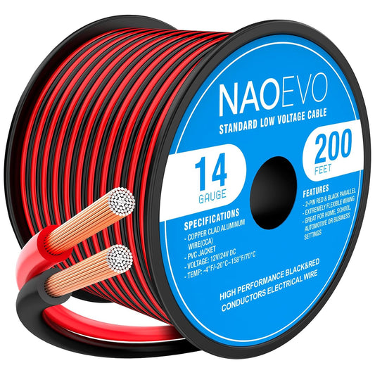 NAOEVO 14 Gauge Wire 200FT, 2 Conductors Electrical Wire Red Black Cable, Flexible/Low Voltage/PVC 14 AWG Copper Clad Aluminum Extension Cord for Speaker, LED Strips, Automotive 12V/24V DC-VerdiqueGarden