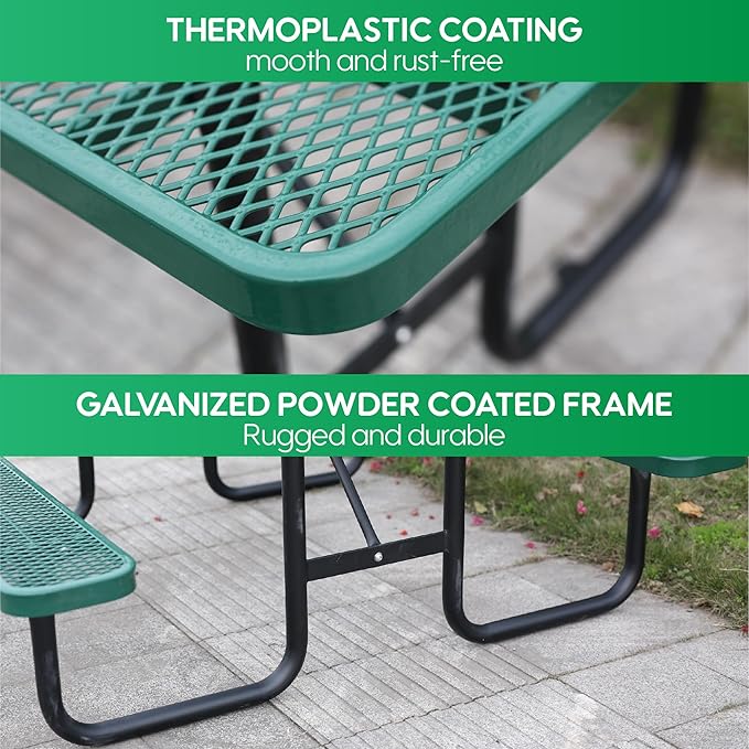 6FT Metal Picnic Tables for Outdoors, Commercial Rectangular Picnic Table and Bench Set for Outside, Patio, Garden, Backyard, Porch, Surface Mount, Green-VerdiqueGarden