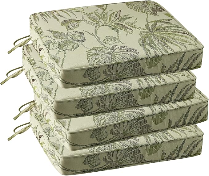 Outdoor Square Corner Seat Cushion, 18.5"x16"x3", Set of 4, Non Slip Seat Cushion Pads with Removable Cover for Patio Furniture, Garden Yard Lawn, Dark Green Vine-VerdiqueGarden
