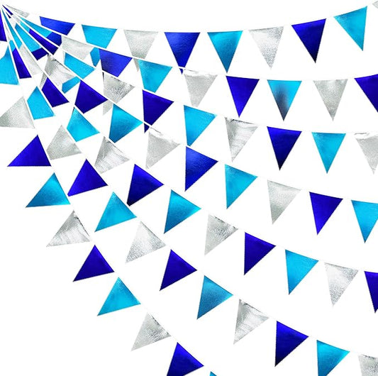 Navy Blue Silver Party Decorations Metallic Fabric Triangle Pennant Banner Flag Bunting Garland for Graduation Birthday Retirement Wedding Bachelorette Nautical Ahoy Achor Outdoor Party Supplies-VerdiqueGarden