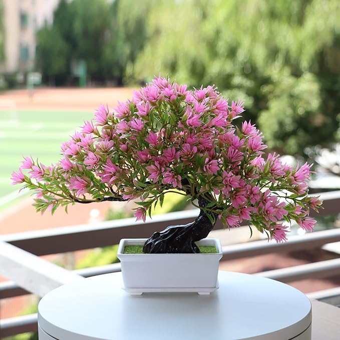 Fake Plants Plastic Artificial Bonsai Tree, Pink Room Decor Bonsai Tree for Home Bedroom Farmhouse Office Desk Decor, Tall 9.5"-VerdiqueGarden