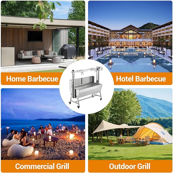 Stainless Steel Electric Pig Rotisserie Grill with Fire Pit & Baffle - 60kg Capacity, 50W Motor for Whole Pig/Lamb, Asador de Puerco Outdoor Camping BBQ-VerdiqueGarden