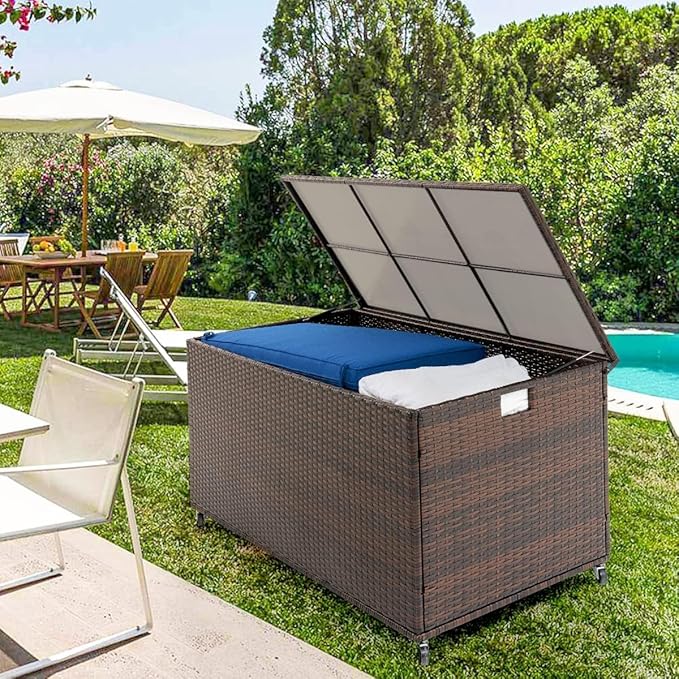 Outdoor 170 Gallon Water-Resistant Wicker Storage Box with Wheels, PE Rattan Deck Box with Waterproof Liner for Outside, Patio Storage Container with Hinged Lid, Horizontal Bin, Brown-VerdiqueGarden
